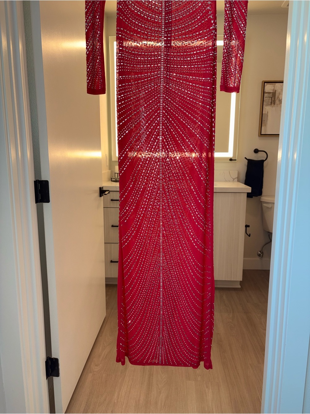 Macy's Red Long Sleeve Sequin Mesh Gown with Sculpted Bust - Picture 7 of 13